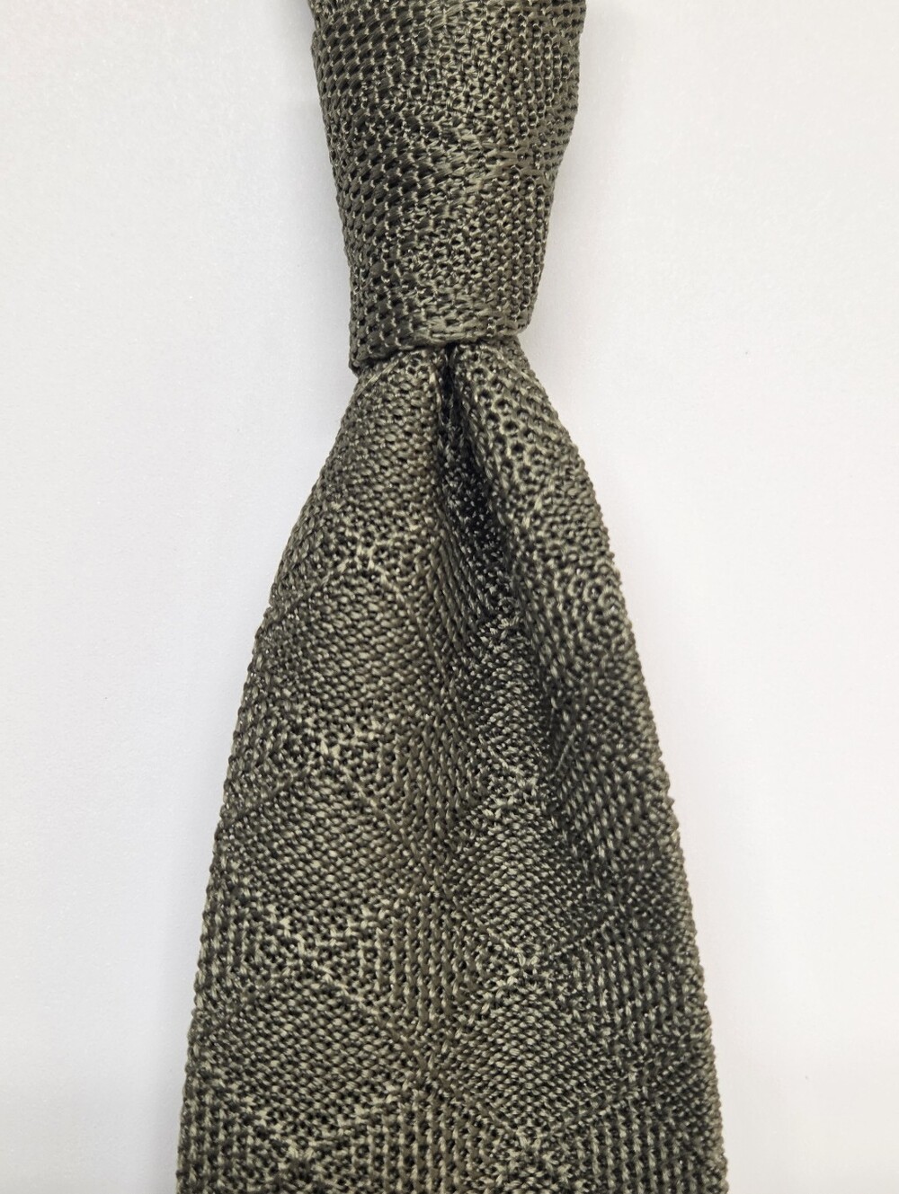 Vintage Silk Knit Tie Olive Diamond Pattern Square End Italy